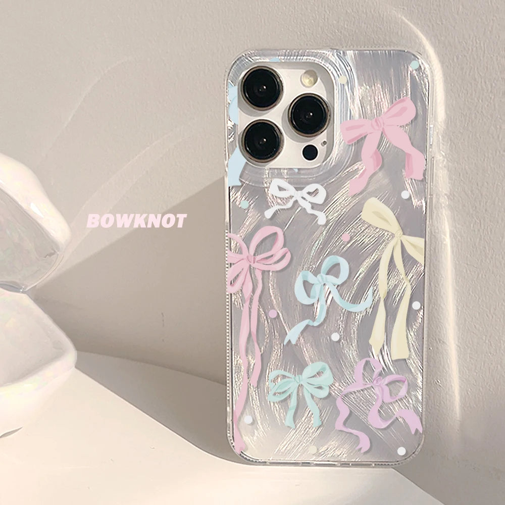 Luxury Laser Silver Bow knot Case for iPhone 17 16 15 Shockproof Bumper Fundas