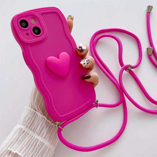 Crossbody Necklace Lanyard 3D Love Heart Wave Border Soft Case For iPhone 16 15 14