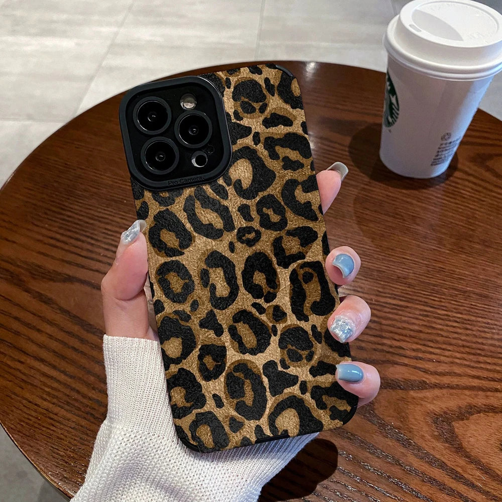 Leopard Silicone Leather Case For iPhone 16 15 14 Soft Shockproof Cover