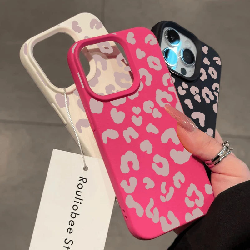 Pink Leopard Print Lichee Pattern Silicone Cover For iPhone 16 15 14