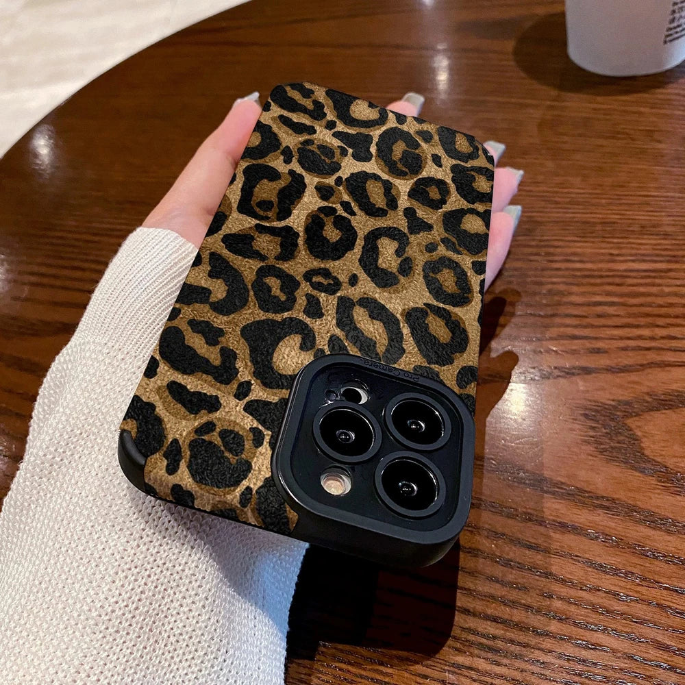 Leopard Silicone Leather Case For iPhone 16 15 14 Soft Shockproof Cover