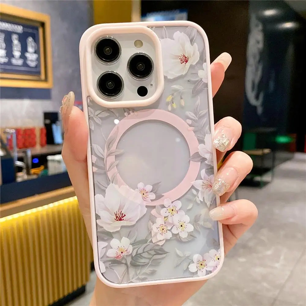 Floral Clear For Magsafe Magnetic Wireless Charging Case For iPhone 16 15 14 Hard Bumper Cover