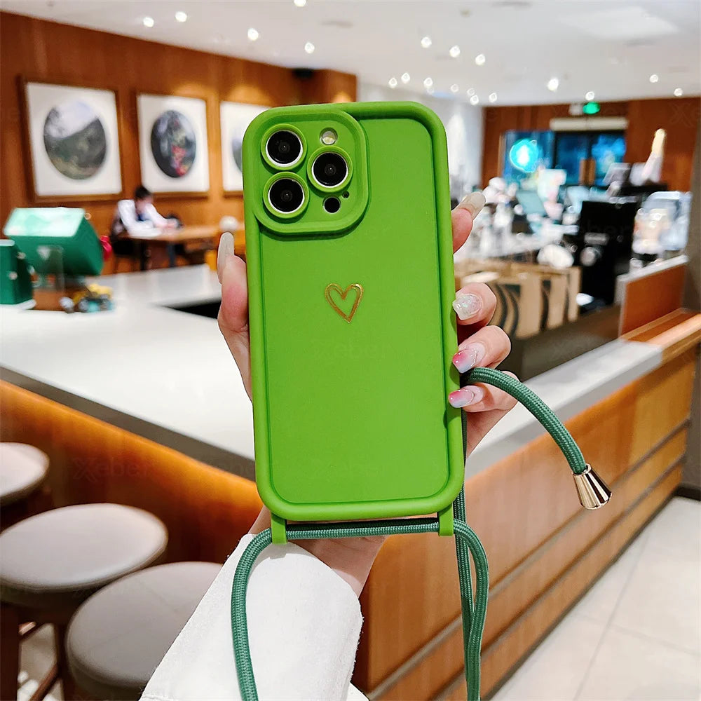 Crossbody Necklace Shoulder Strap Love Heart Silicone Phone Case For iPhone 16 15 14