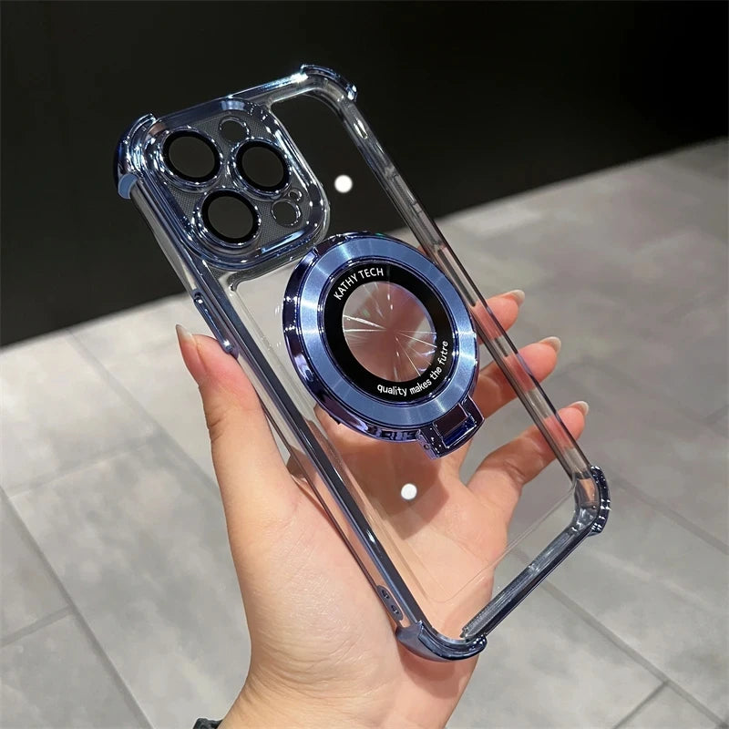 Wireless Charging Magsafe Ring Bracket Case For iPhone 16 15 14 Transparent Magnetic Bumper Cover