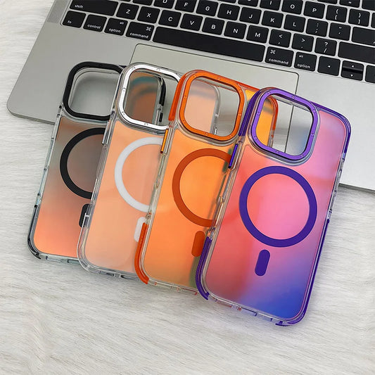 Metal Lens Laser MagSafe Phone Case for iPhone 16 15 14 Frosted Translucent Wireless Charging Hard PC Cover