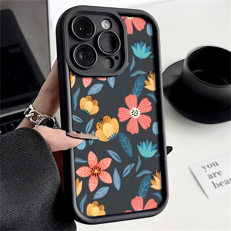 Colorful Flowers Silicone Case For iPhone 16 15 14 Shockproof Bumper Soft TPU Phone Cover