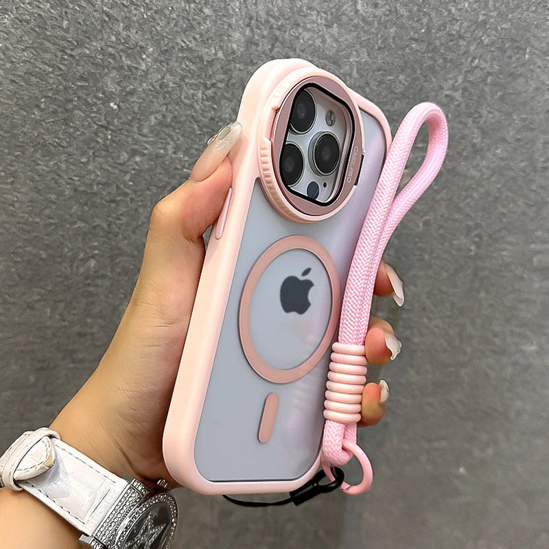 Fold Glass Lens Stand Magnetic Transparent Case For iPhone 16 15 14 Magsafe Wrist Strap Shockproof Cover