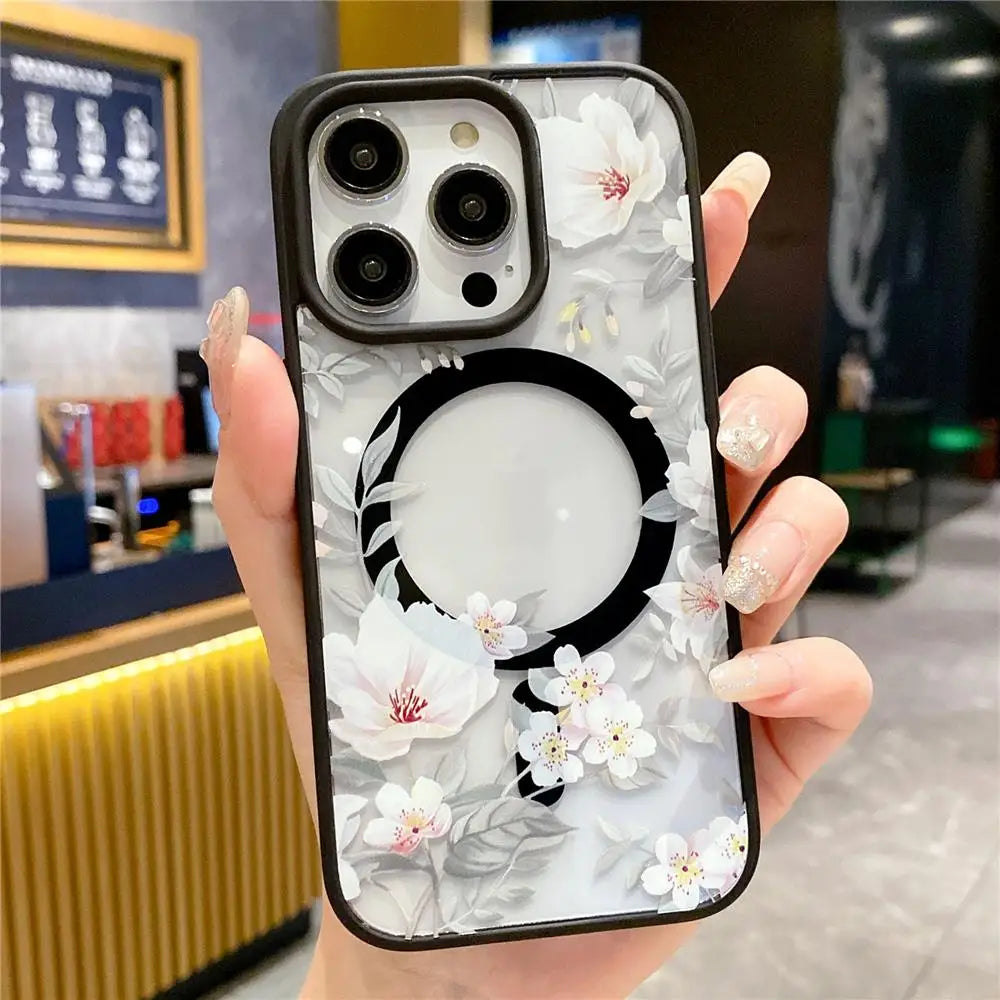 Floral Clear For Magsafe Magnetic Wireless Charging Case For iPhone 16 15 14 Hard Bumper Cover