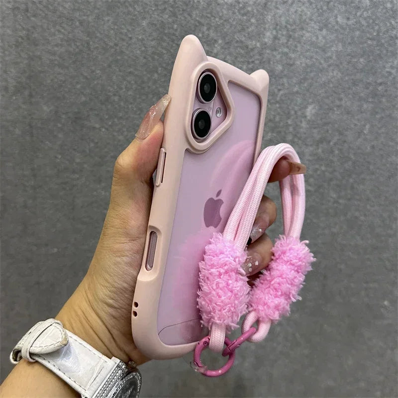 3D Cat Ear Cute Lanyard Magnetic Transparent Case For iPhone 16 15 14 Wristband Clear Magsafe Cover