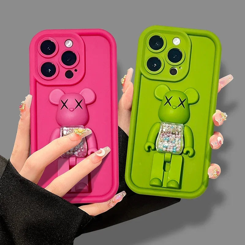 Cute 3D Bear Bracket TPU Phone Case for iPhone 16 15 14 Silicone Shockproof Matte Cover