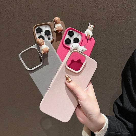 Cute 3D Cartoon Lying Cat Lychee Pattern Leather Phone Case For iPhone 16 15 14 Lovely Soft Cover