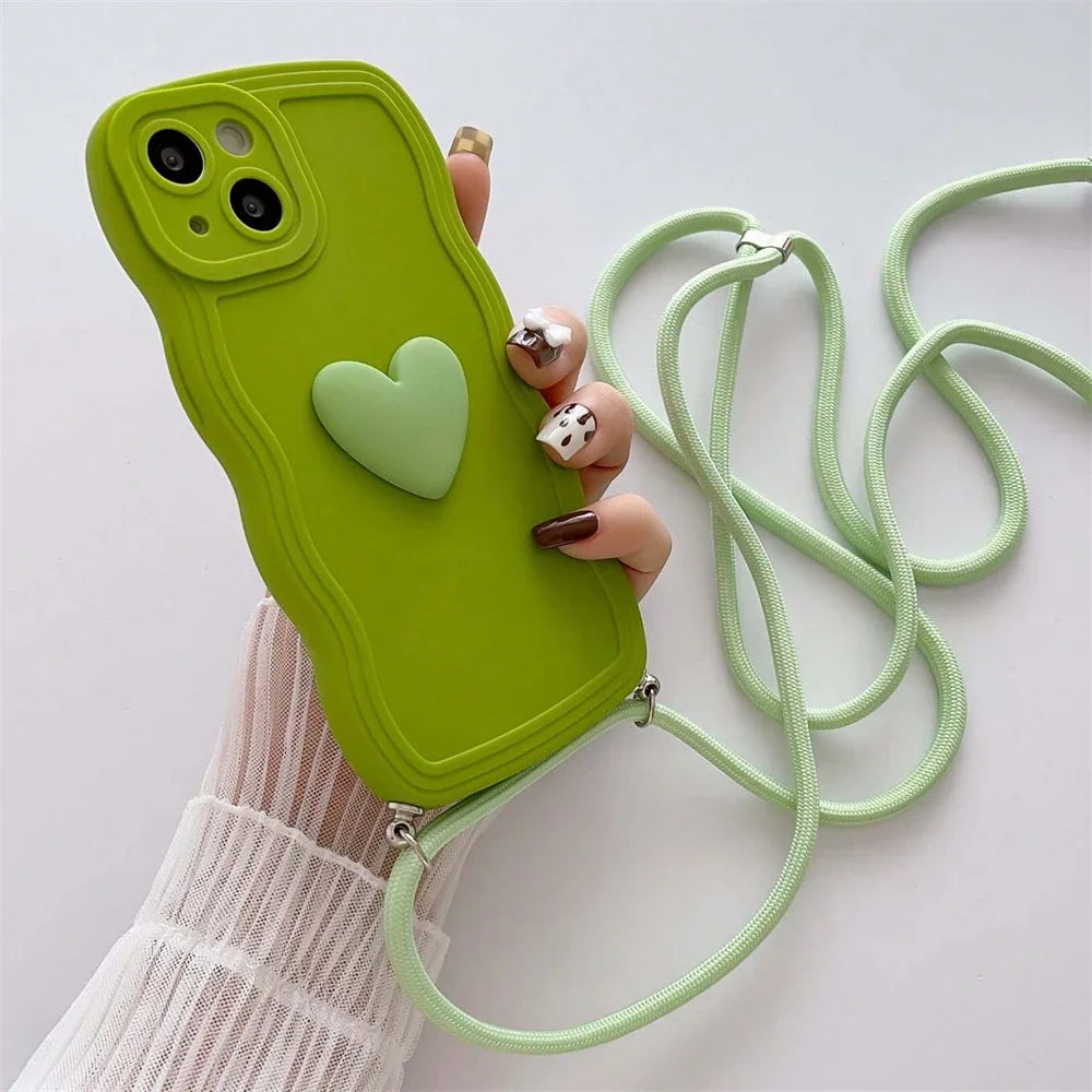 Crossbody Necklace Lanyard 3D Love Heart Wave Border Soft Case For iPhone 16 15 14