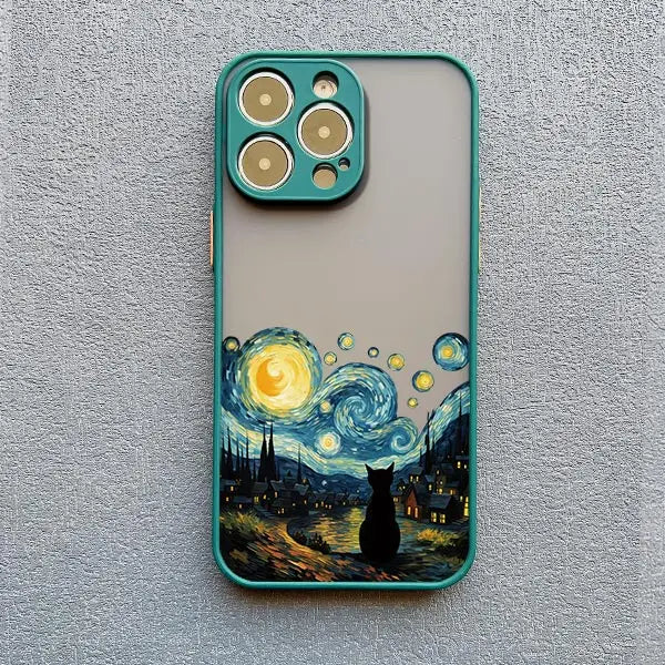 Artistic Black Cat Starry Night Phone Case For iPhone 16 15 14 Shockproof Shells