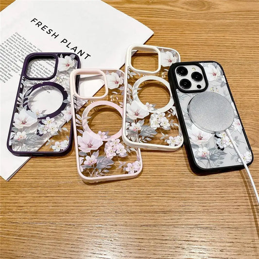 Floral Clear For Magsafe Magnetic Wireless Charging Case For iPhone 16 15 14 Hard Bumper Cover