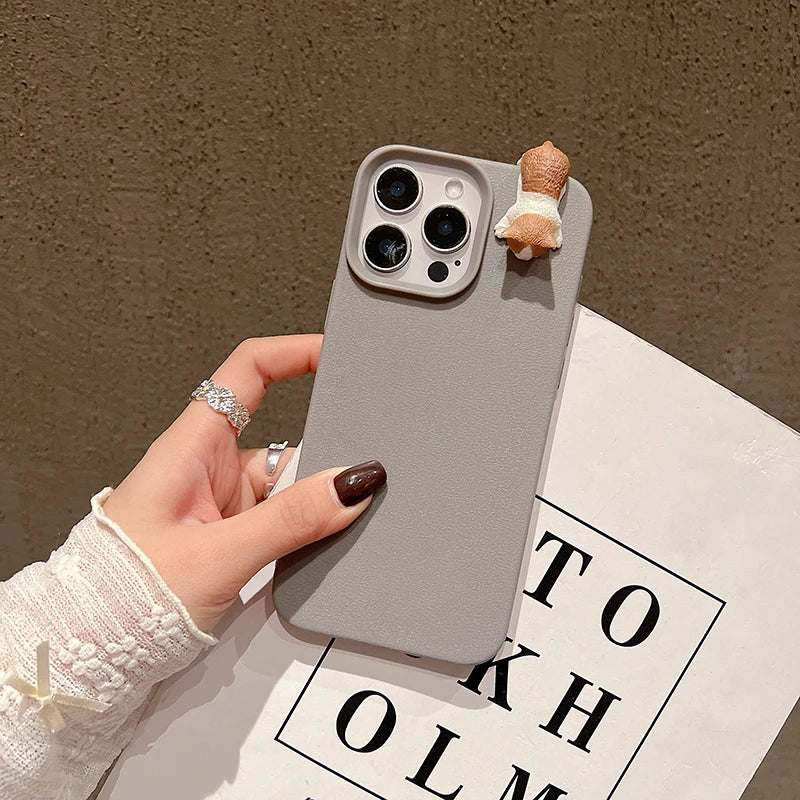 Cute 3D Cartoon Lying Cat Lychee Pattern Leather Phone Case For iPhone 16 15 14 Lovely Soft Cover