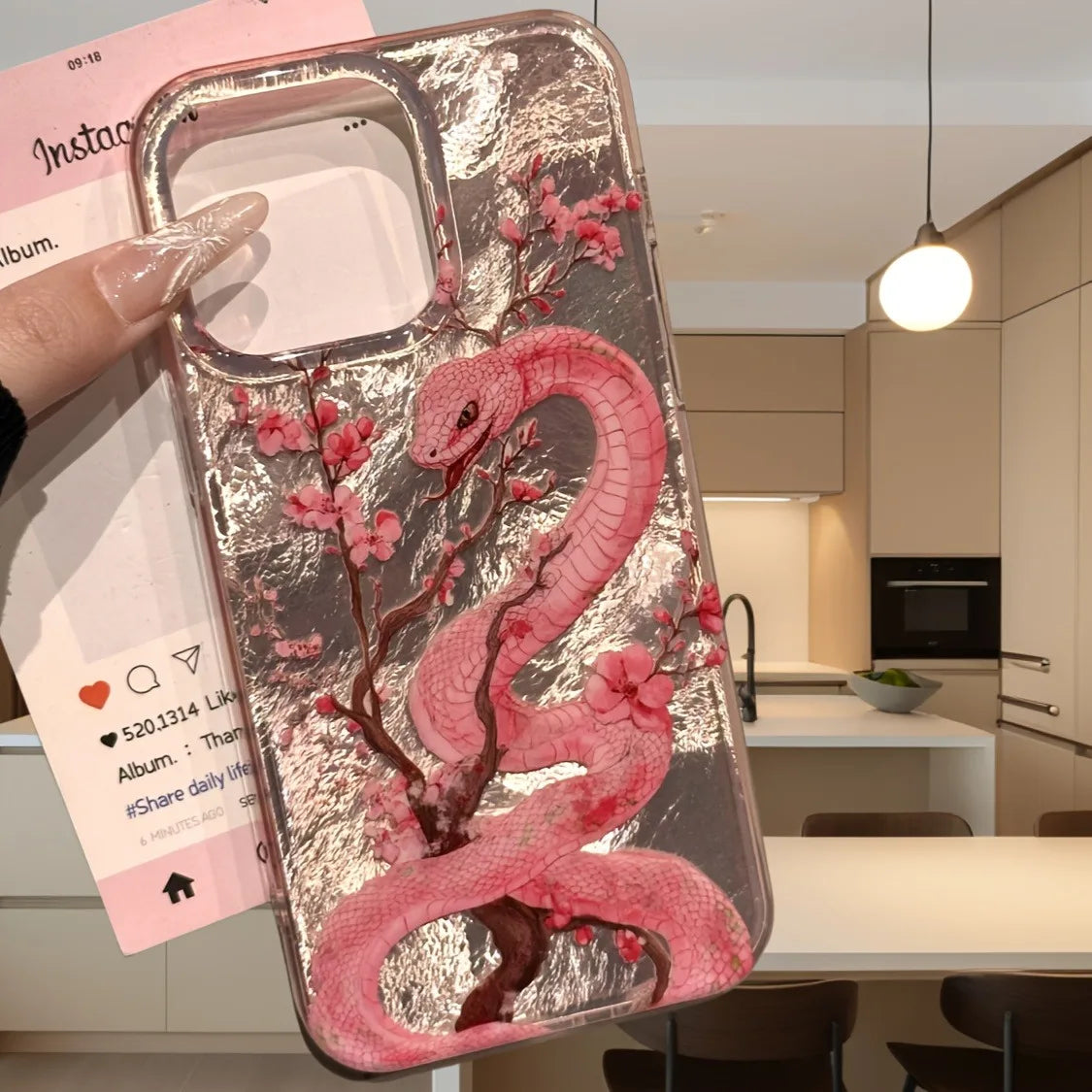 Illustration Plum Blossom Pink Snake Phone Case For iPhone 16 15 14