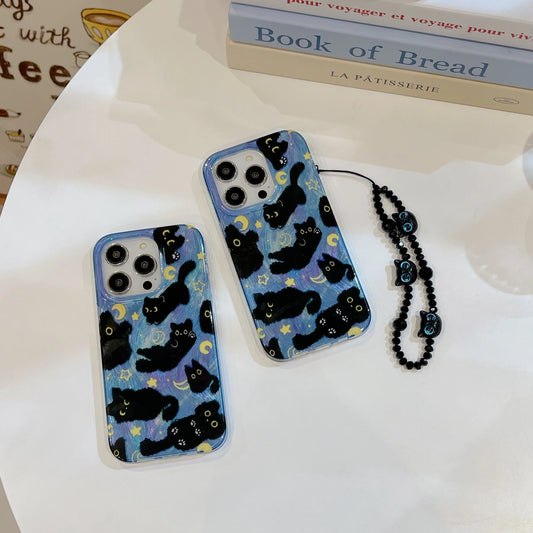 Korean Ins Cute Black Cats Double Layers Wrist Chain Phone Case for iPhone 16 15 14