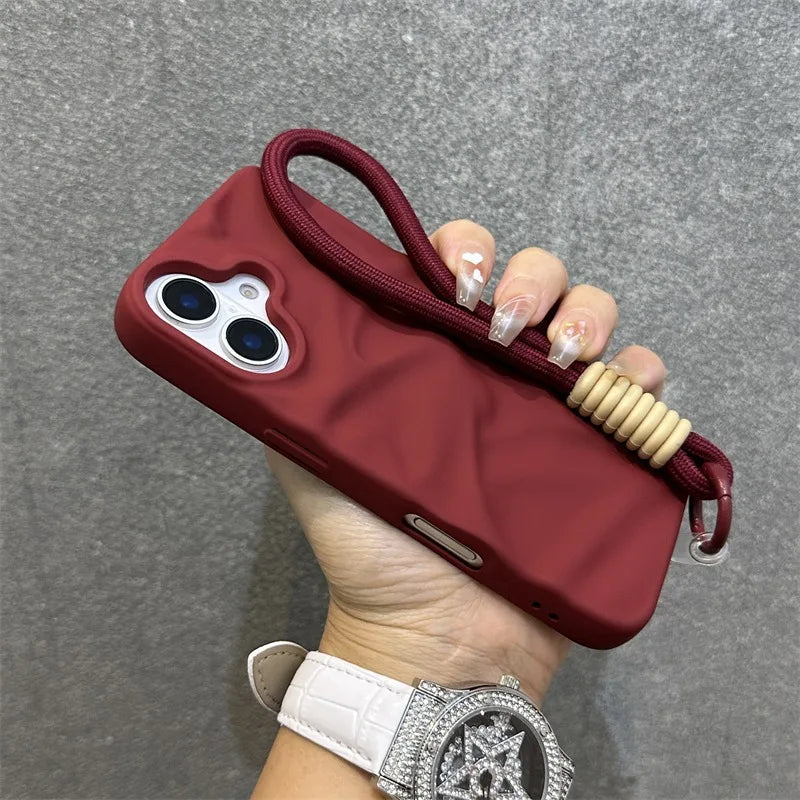 Luxury Wrinkle Matte Wrist Strap Case for iPhone 16 15 14 Lanyard Candy Solid Color Ripple Soft Silicone Cover