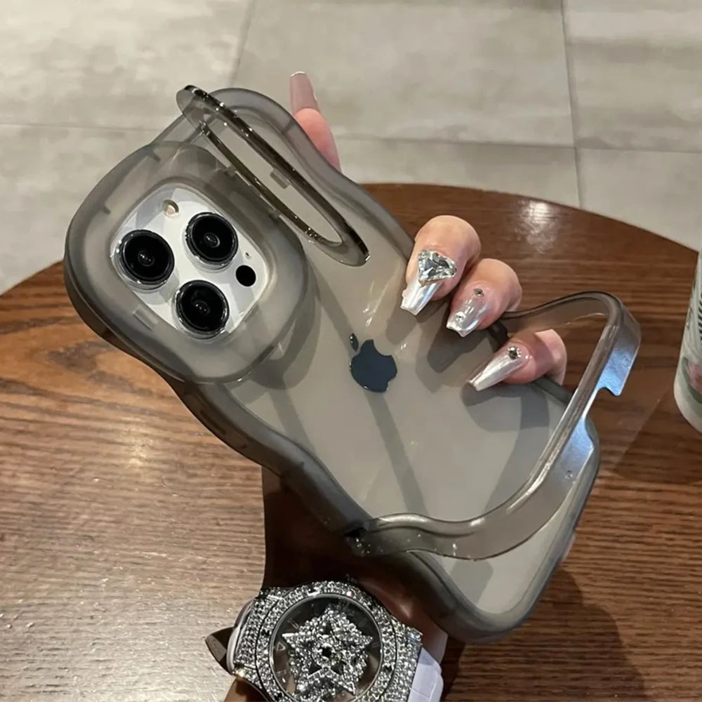 2IN1 Folding Stand Wave Clear Phone Case For iPhone 16 15 14 3D Curly Shockproof Protective Cover