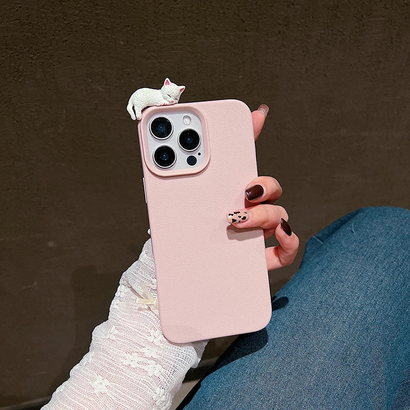 Cute 3D Cartoon Lying Cat Lychee Pattern Leather Phone Case For iPhone 16 15 14 Lovely Soft Cover