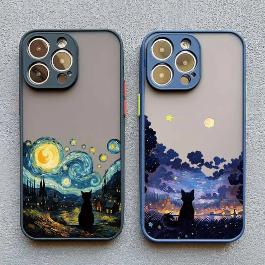 Artistic Black Cat Starry Night Phone Case For iPhone 16 15 14 Shockproof Shells