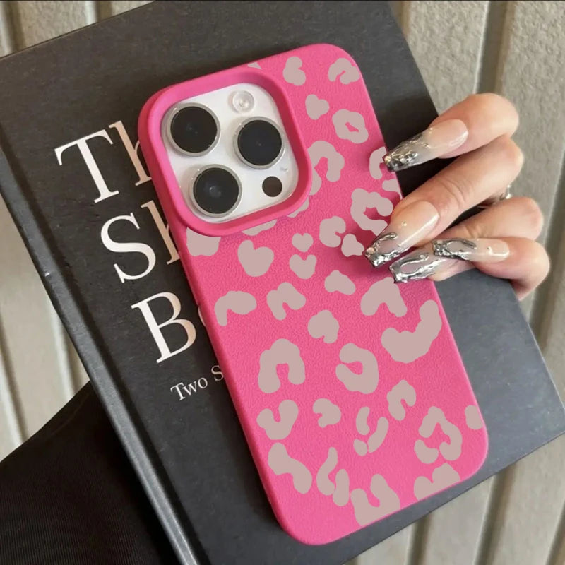 Pink Leopard Print Lichee Pattern Silicone Cover For iPhone 16 15 14