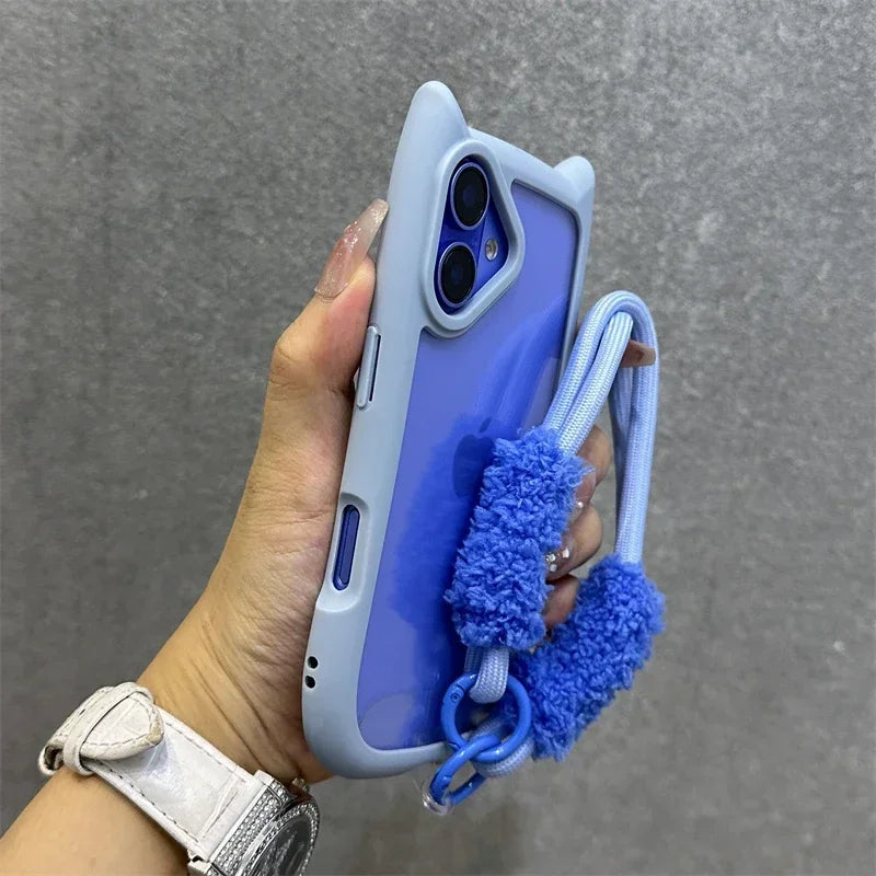 3D Cat Ear Cute Lanyard Magnetic Transparent Case For iPhone 16 15 14 Wristband Clear Magsafe Cover