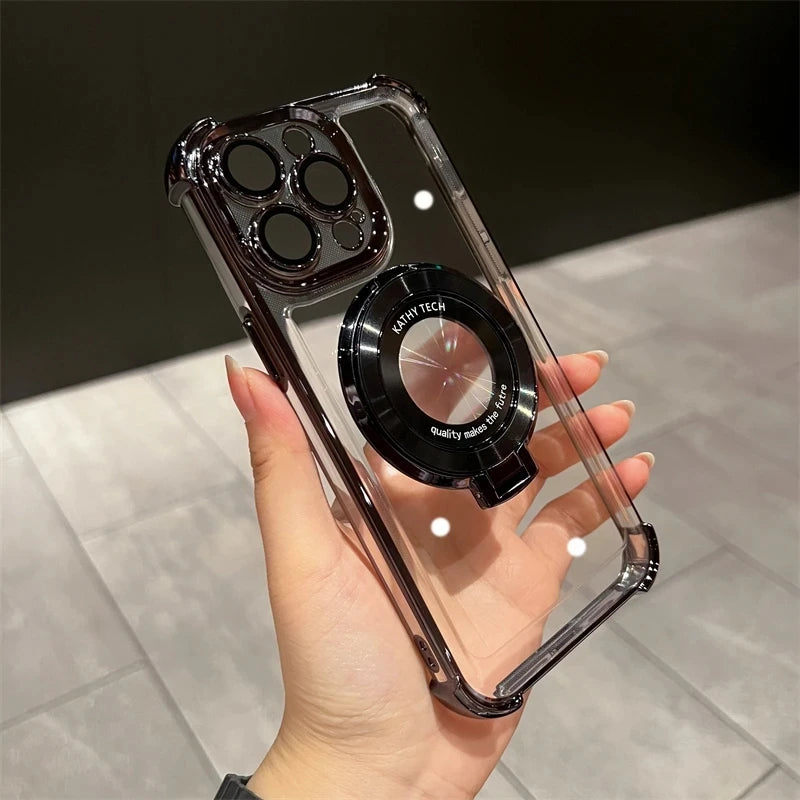 Wireless Charging Magsafe Ring Bracket Case For iPhone 16 15 14 Transparent Magnetic Bumper Cover