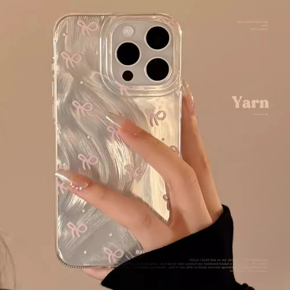 Luxury Laser Silver Bow knot Case for iPhone 17 16 15 Shockproof Bumper Fundas