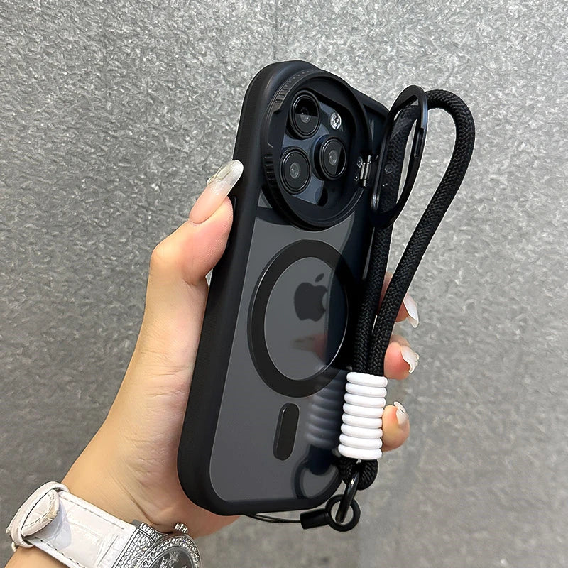 Fold Glass Lens Stand Magnetic Transparent Case For iPhone 16 15 14 Magsafe Wrist Strap Shockproof Cover
