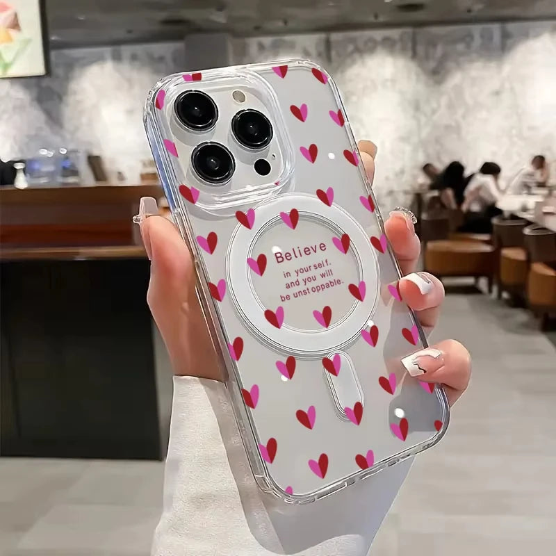 Cute Wine Red Little Love Heart Case For iPhone 17 16 15 Wireless Charge Magnetic Clear Cover