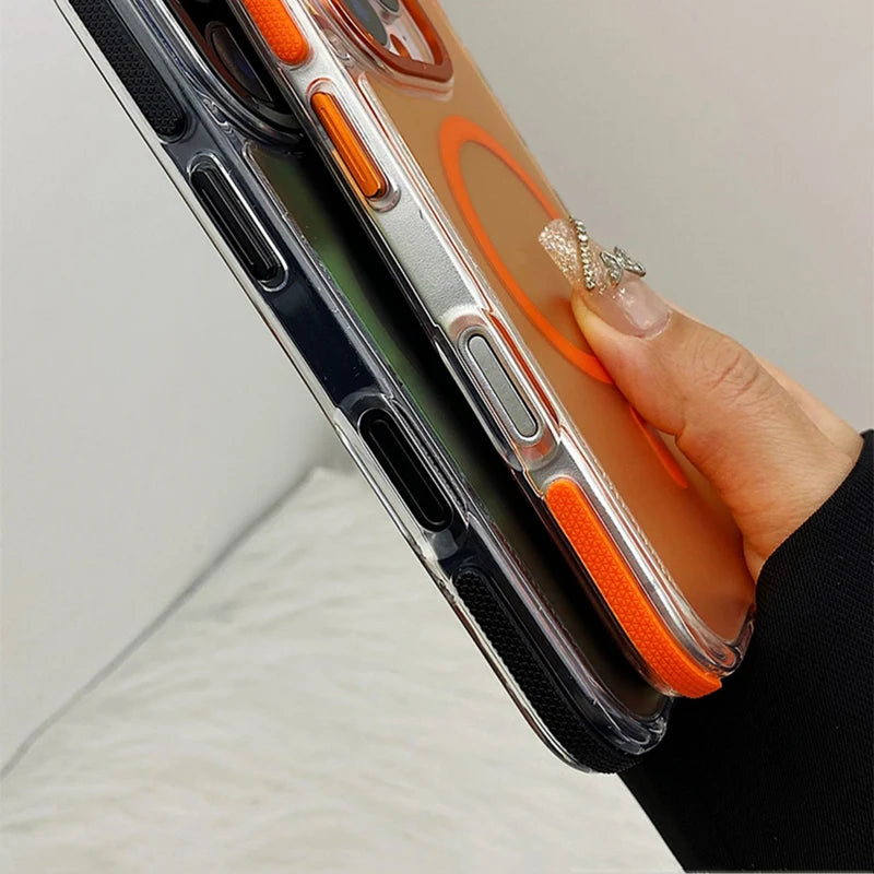 Metal Lens Laser MagSafe Phone Case for iPhone 16 15 14 Frosted Translucent Wireless Charging Hard PC Cover