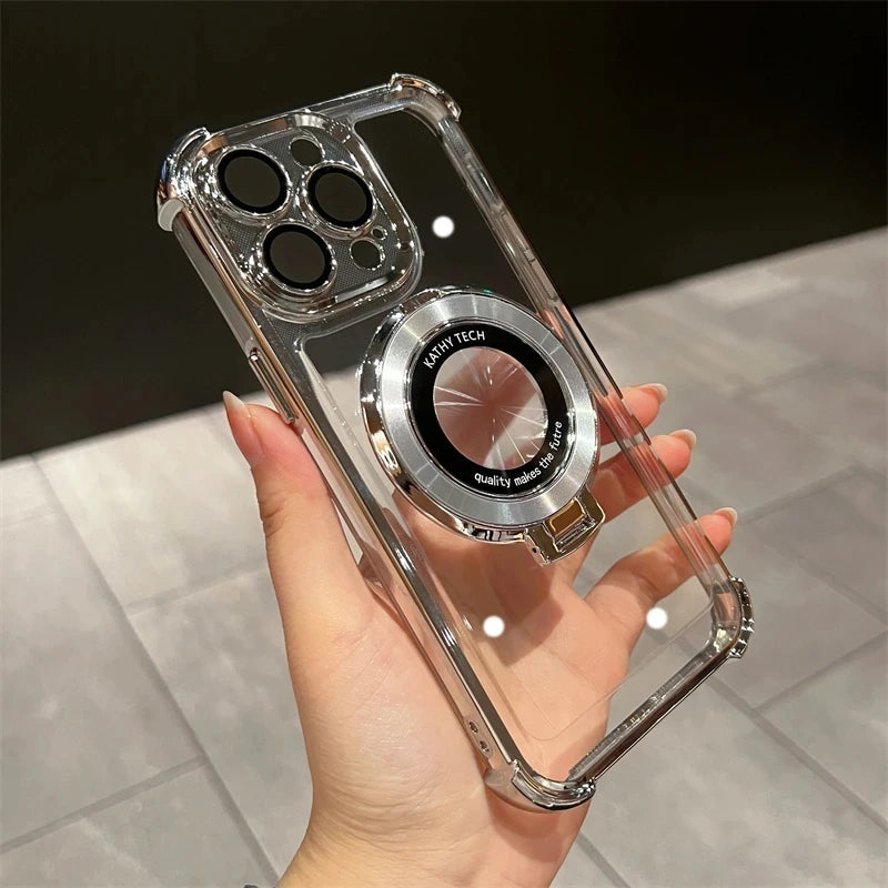 Wireless Charging Magsafe Ring Bracket Case For iPhone 16 15 14 Transparent Magnetic Bumper Cover