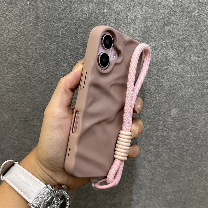 Luxury Wrinkle Matte Wrist Strap Case for iPhone 16 15 14 Lanyard Candy Solid Color Ripple Soft Silicone Cover