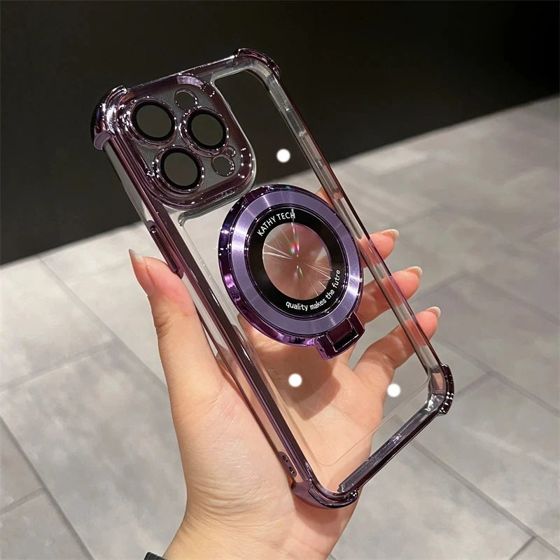 Wireless Charging Magsafe Ring Bracket Case For iPhone 16 15 14 Transparent Magnetic Bumper Cover
