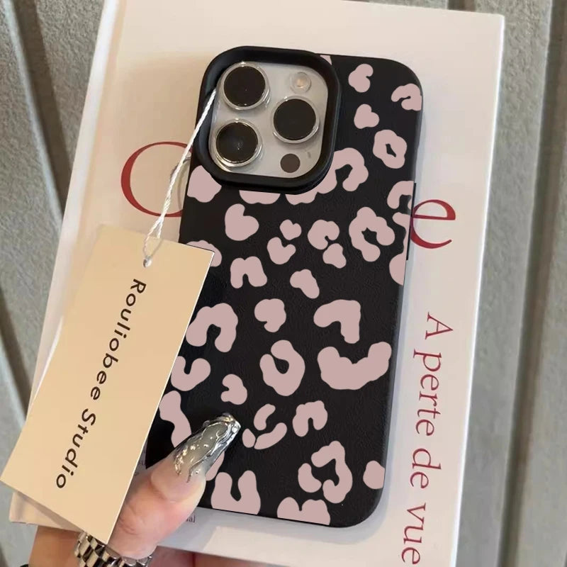 Pink Leopard Print Lichee Pattern Silicone Cover For iPhone 16 15 14