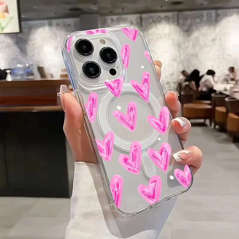 Cute Wine Red Little Love Heart Case For iPhone 17 16 15 Wireless Charge Magnetic Clear Cover