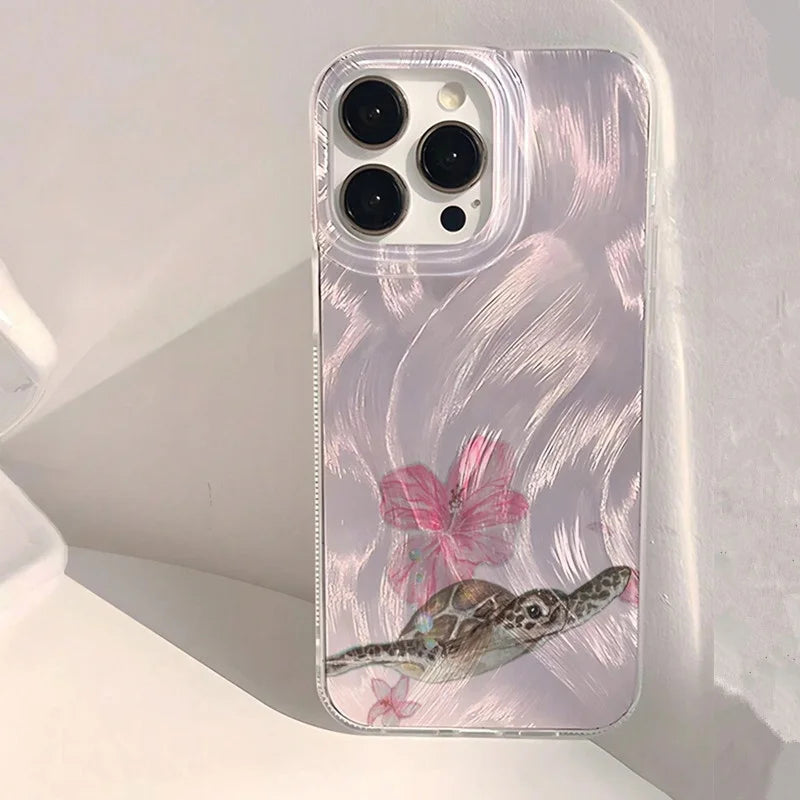 Summer Cool Turtle Pattern Phone Case for iPhone 16 15 14 Chiffon Texture Back Cover