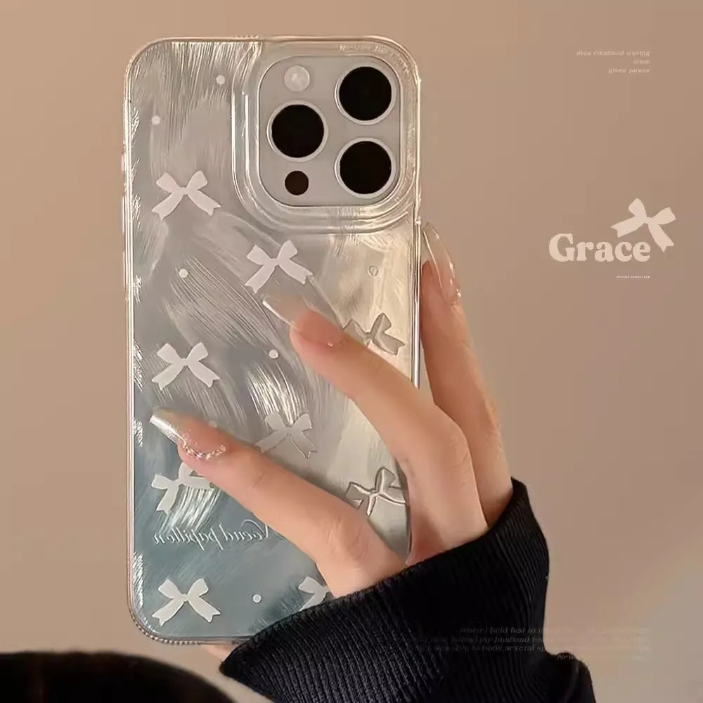 Luxury Laser Silver Bow knot Case for iPhone 17 16 15 Shockproof Bumper Fundas