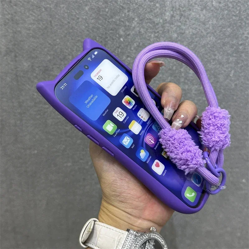 3D Cat Ear Cute Lanyard Magnetic Transparent Case For iPhone 16 15 14 Wristband Clear Magsafe Cover