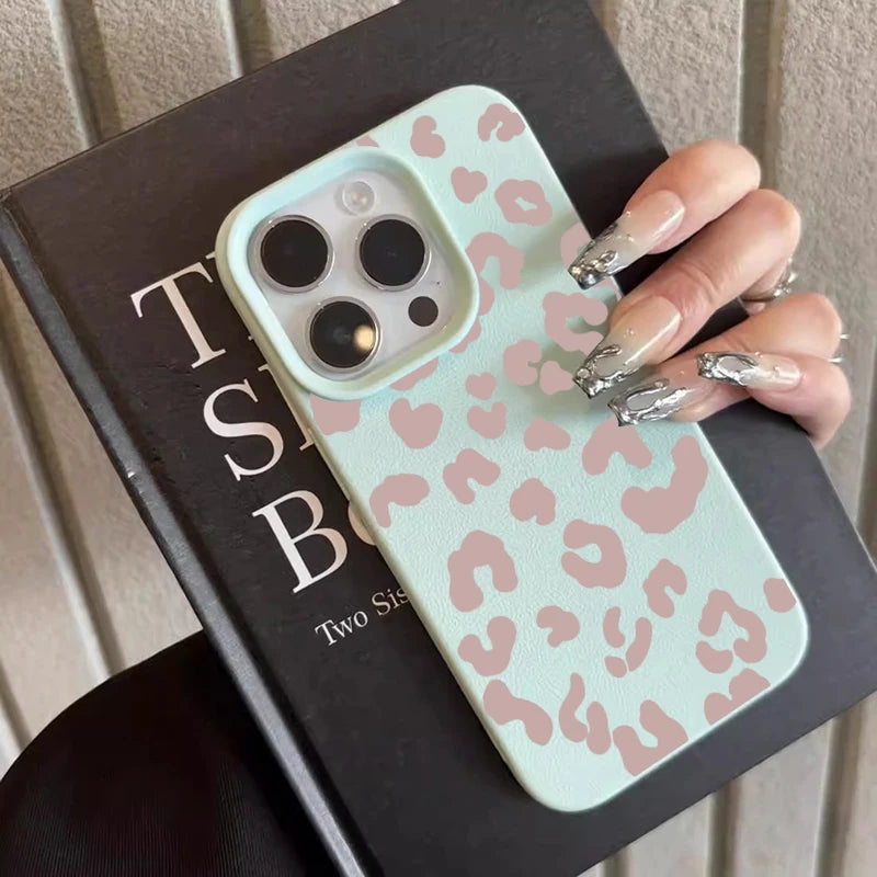 Pink Leopard Print Lichee Pattern Silicone Cover For iPhone 16 15 14