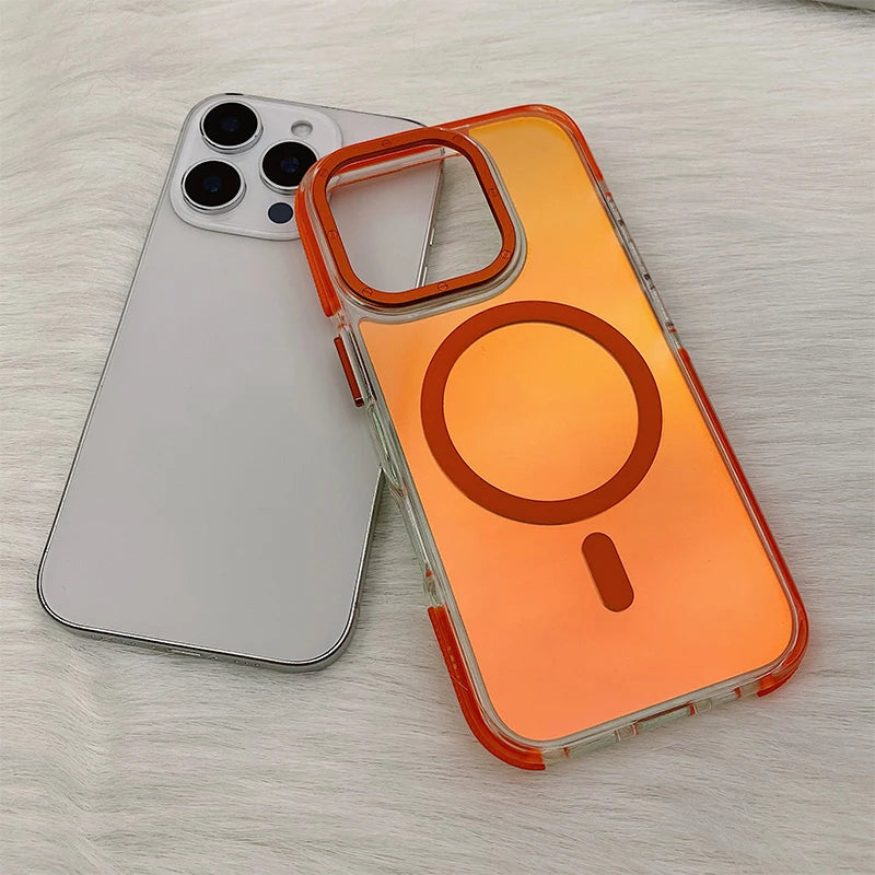 Metal Lens Laser MagSafe Phone Case for iPhone 16 15 14 Frosted Translucent Wireless Charging Hard PC Cover