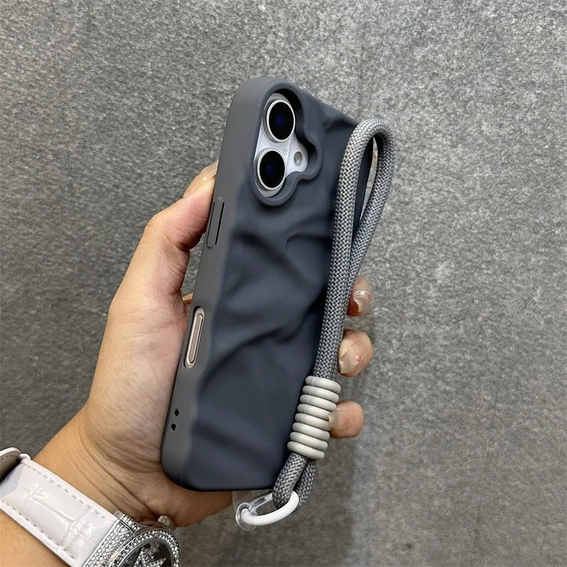 Luxury Wrinkle Matte Wrist Strap Case for iPhone 16 15 14 Lanyard Candy Solid Color Ripple Soft Silicone Cover