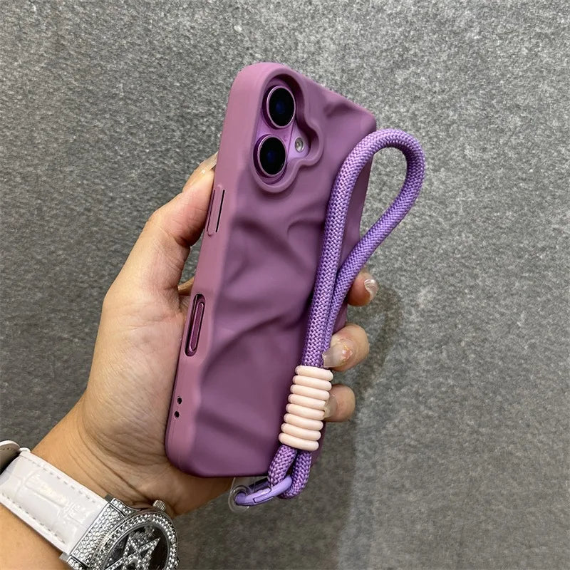 Luxury Wrinkle Matte Wrist Strap Case for iPhone 16 15 14 Lanyard Candy Solid Color Ripple Soft Silicone Cover