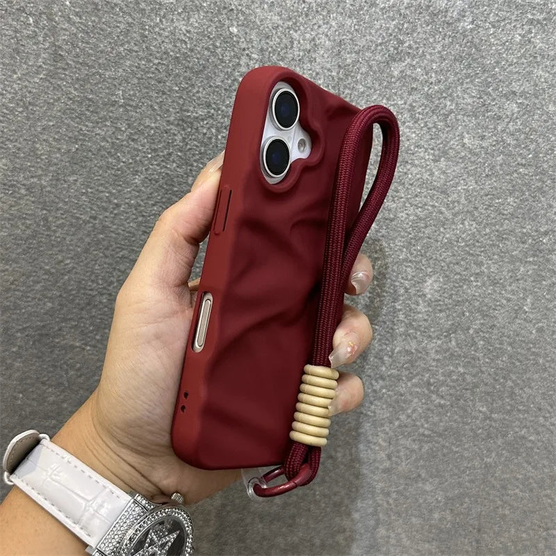 Luxury Wrinkle Matte Wrist Strap Case for iPhone 16 15 14 Lanyard Candy Solid Color Ripple Soft Silicone Cover