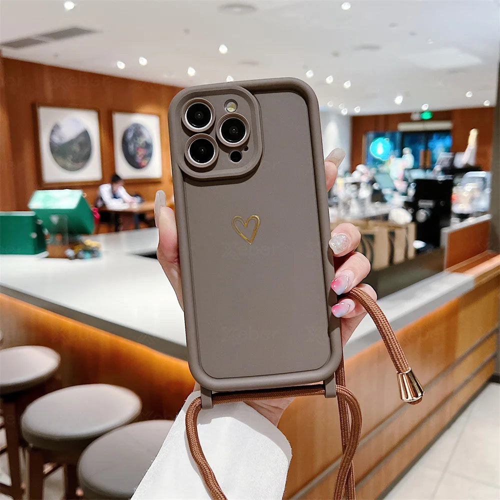 Crossbody Necklace Shoulder Strap Love Heart Silicone Phone Case For iPhone 16 15 14