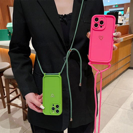 Crossbody Necklace Shoulder Strap Love Heart Silicone Phone Case For iPhone 16 15 14