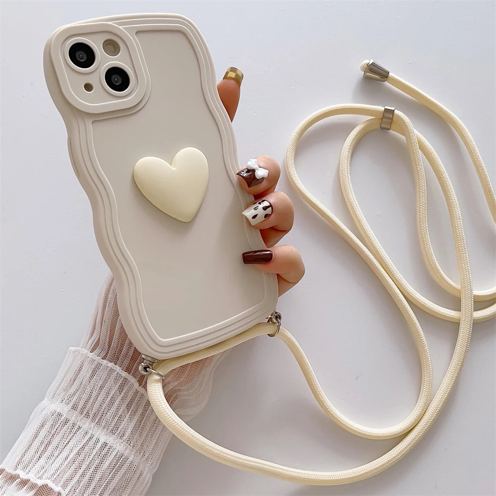 Crossbody Necklace Lanyard 3D Love Heart Wave Border Soft Case For iPhone 16 15 14