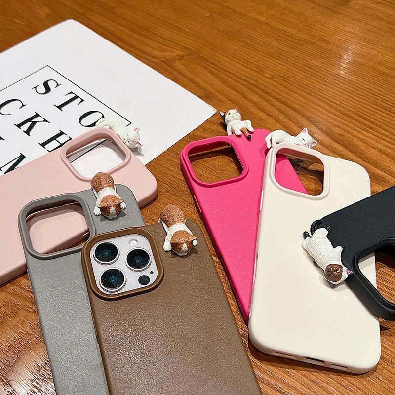 Cute 3D Cartoon Lying Cat Lychee Pattern Leather Phone Case For iPhone 16 15 14 Lovely Soft Cover
