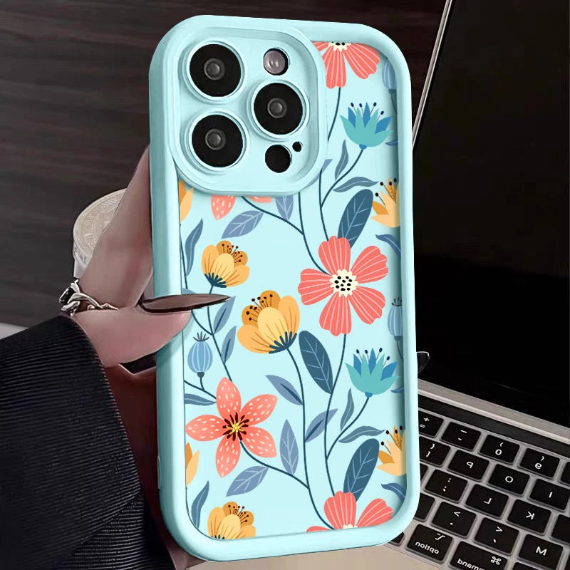 Colorful Flowers Silicone Case For iPhone 16 15 14 Shockproof Bumper Soft TPU Phone Cover